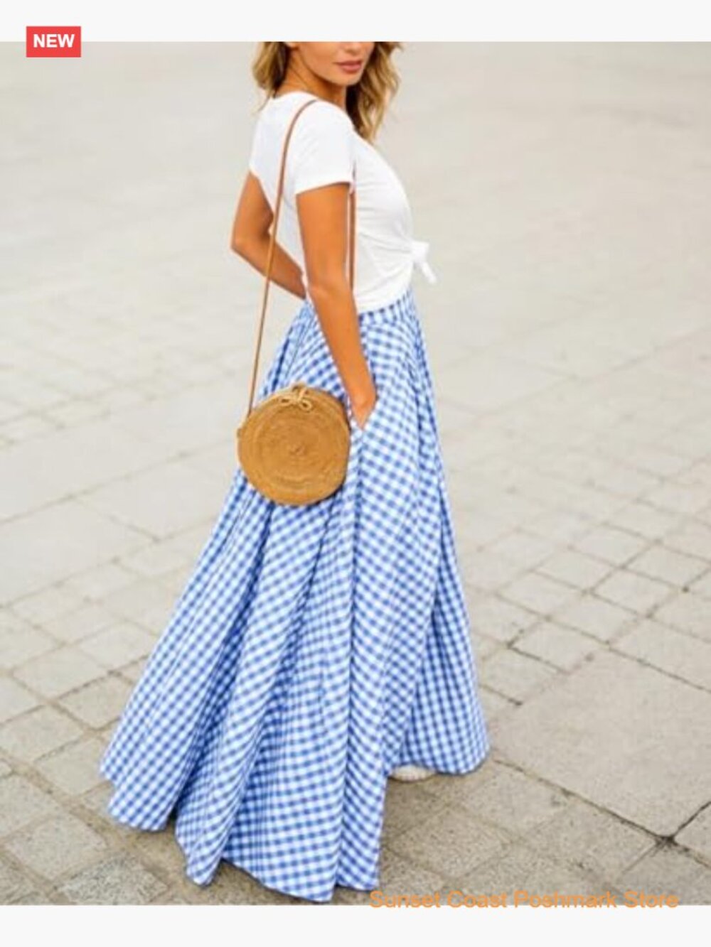 Gingham Maxi Skirt High Waist Pleated A Line Flowy Long Summer - Picture 6 of 7
